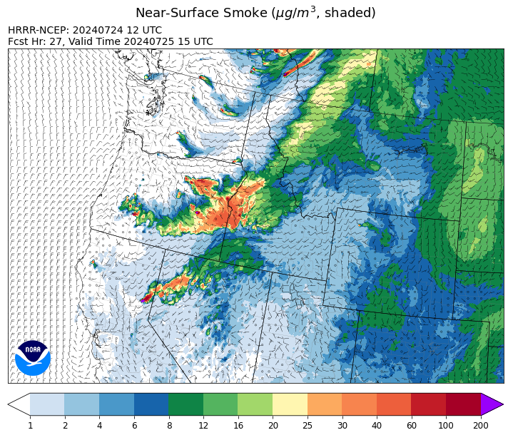 By midday Thursdsay, the HRRR smoke model shows a trough bringing smoke from Oregon, Washinton, and Idaho into the state.